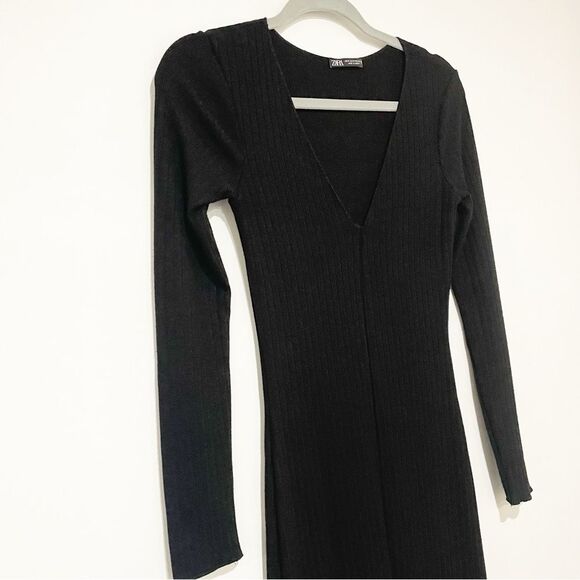ZARA Black Ribbed Knit Sweater Midi Dress – Long Sleeve V-Neck with Front Slit M - Picture 3 of 14